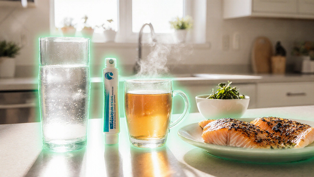 Přehled běžných zdrojů fluoridu: voda, pasta, čaj, ryby a řasy.