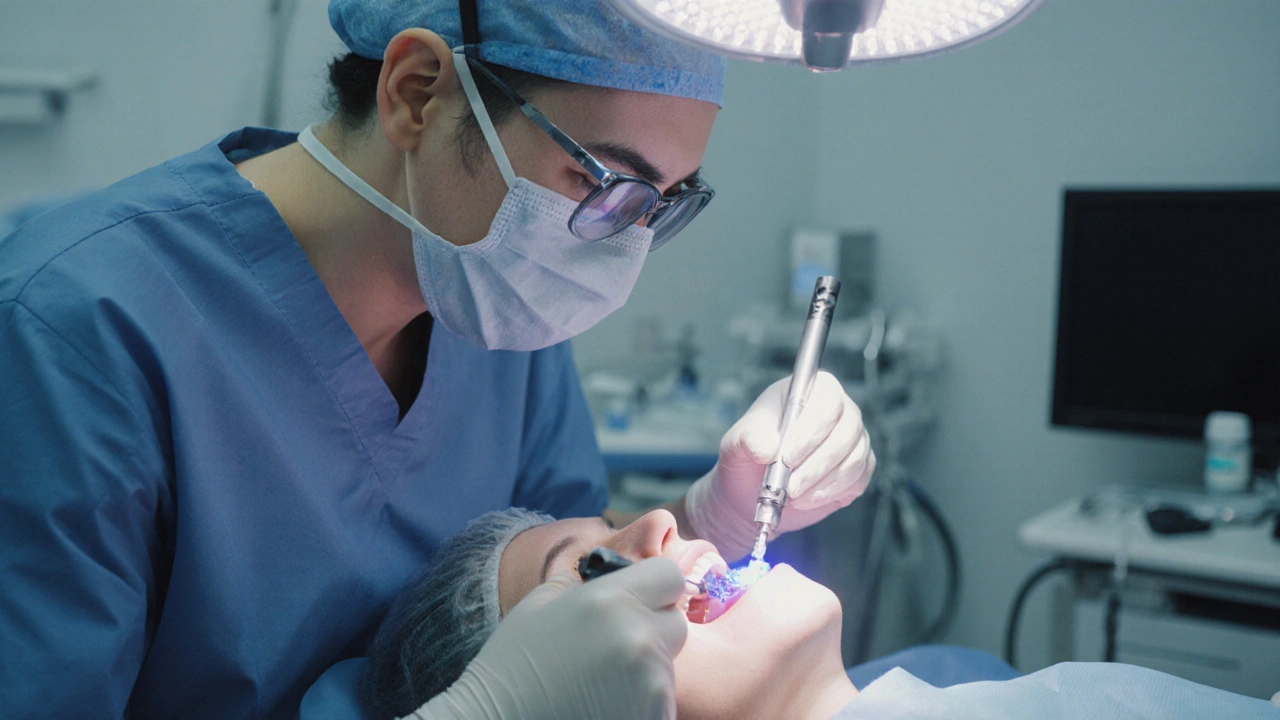 Zubař provádí výplň: drill, kompozit a curing lamp v klinické místnosti.
