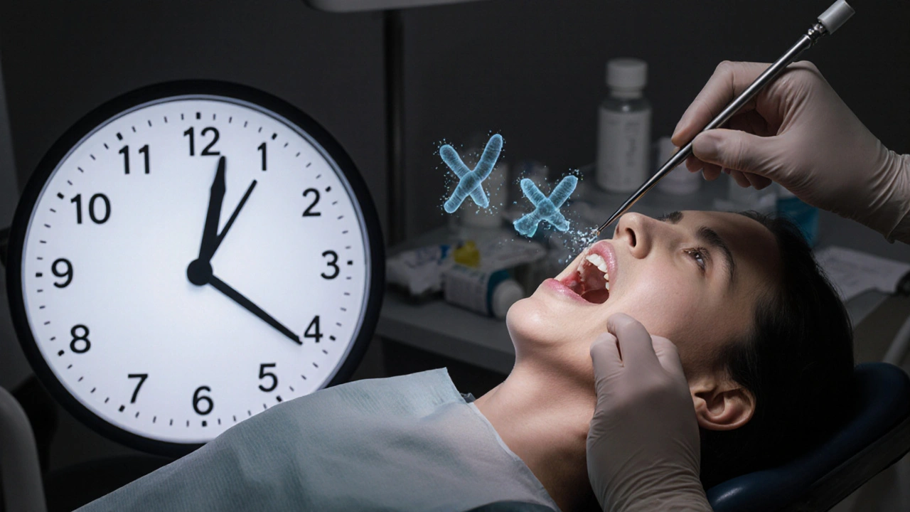 Dentista provádí léčbu kořenového kanálku v noci, antibiotika jsou odstraněna.