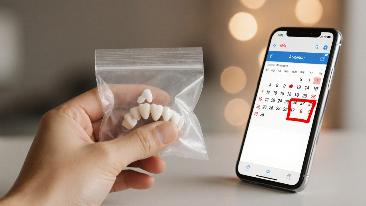 Ruka drží odpojený braket v plastovém pytlíku, vedle něj telefon s označenou urgentní návštěvou u ortodonty.
