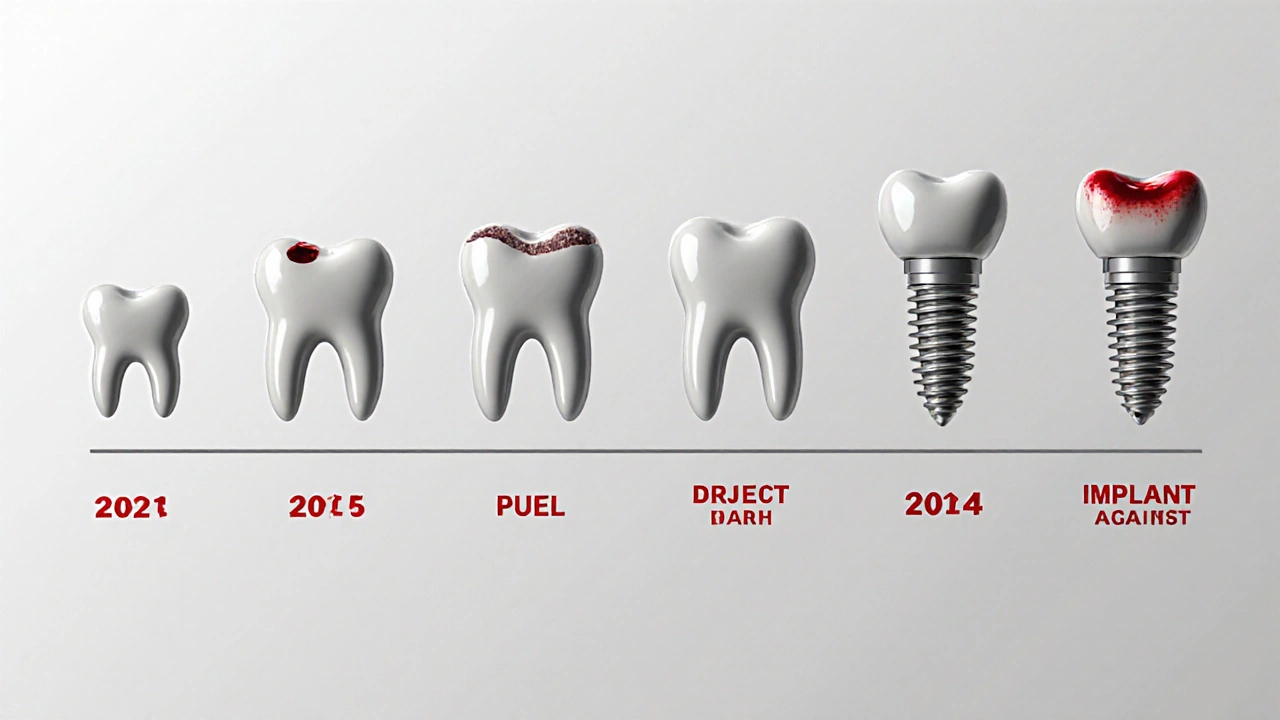 Vývoj poškození zubu od štěrbiny přes korunku až k implantátu.