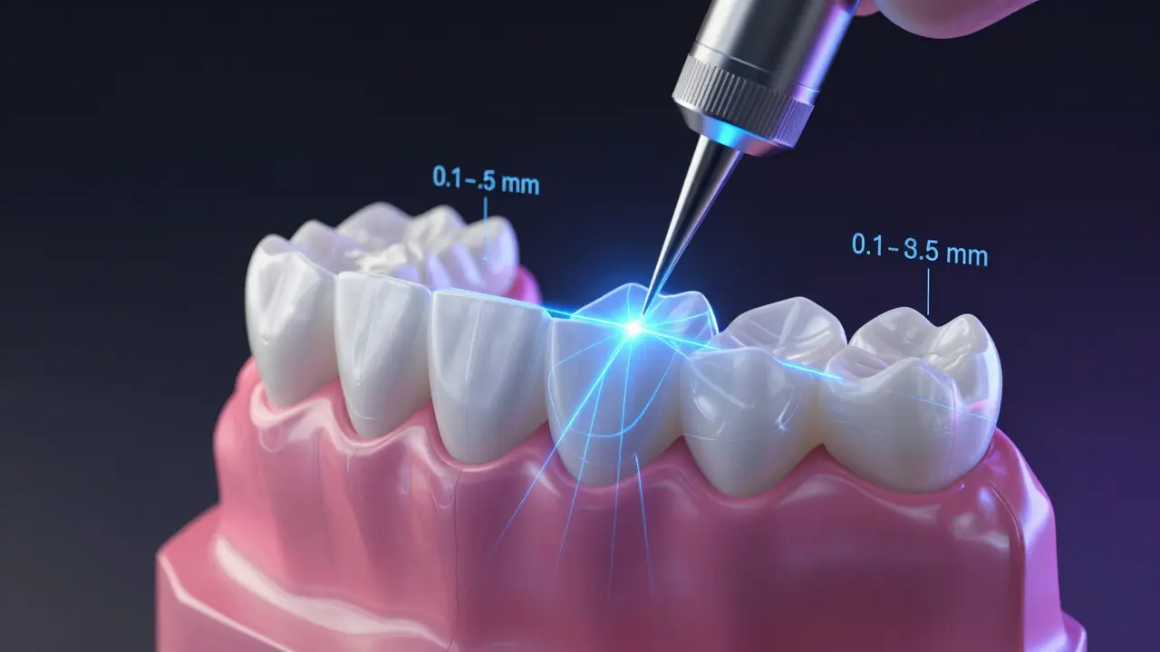 3D digital model of teeth being subtly reshaped with microscopic precision using laser guidance.