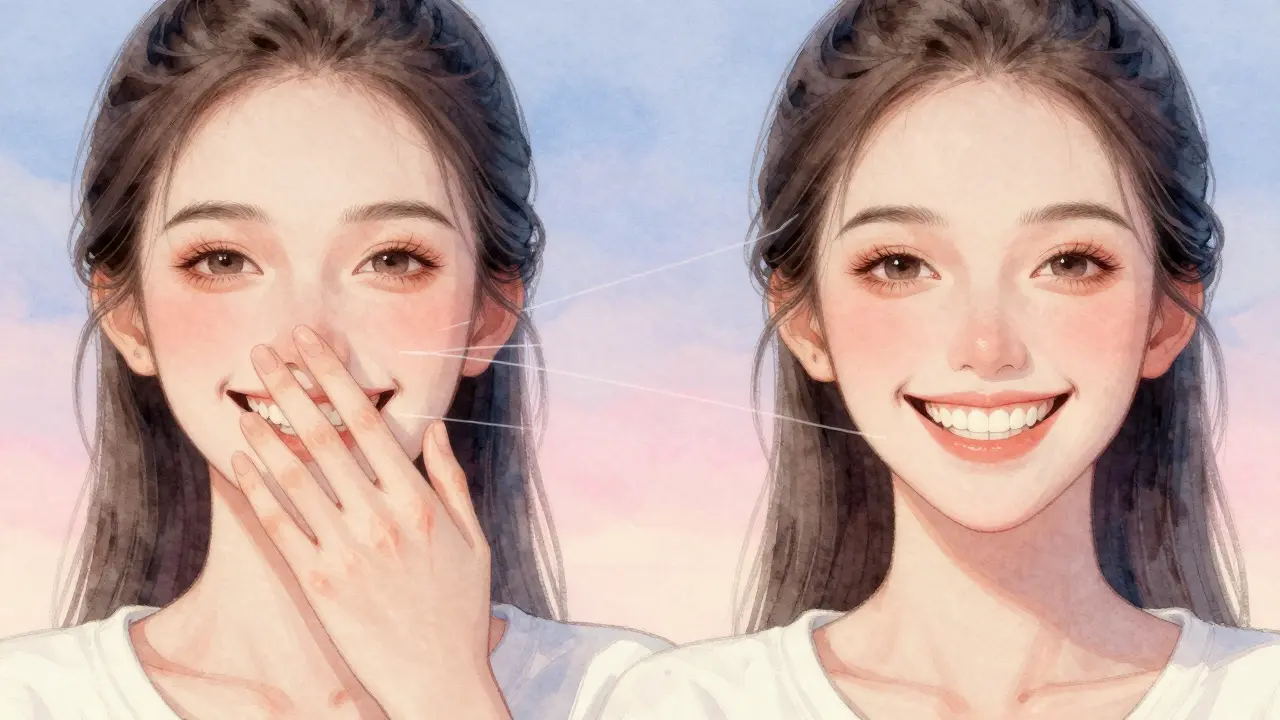Before and after comparison of a woman's smile: hidden vs. open, showing improved gum symmetry.