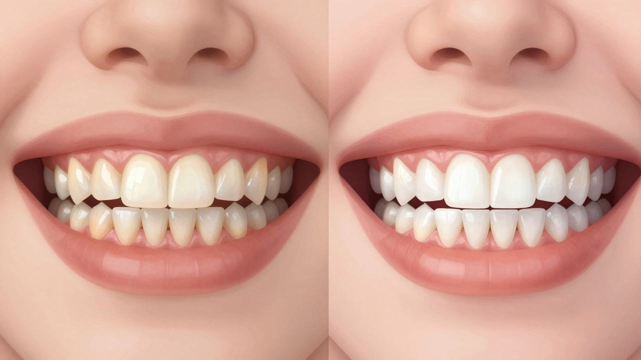 Before and after view of teeth: stained and gapped versus bright, even veneered smile.