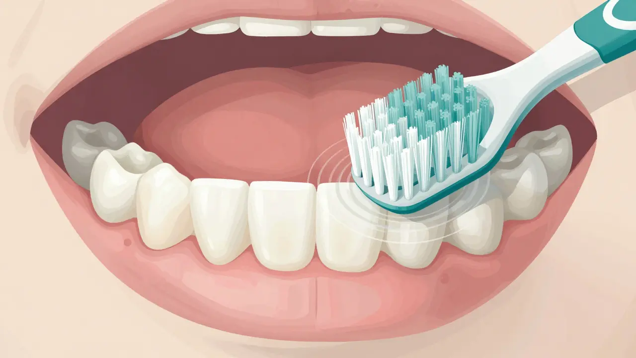 Cross-section of mouth showing plaque removal by dense, flexible toothbrush bristles.