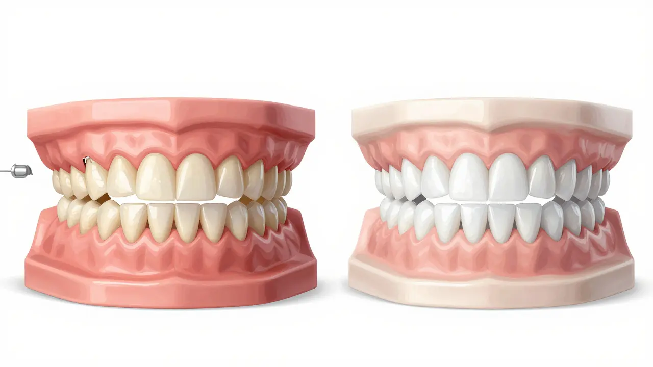 Dva modely zubů: špinavé a poškozené na levé straně, dokonale upravené s veneers na pravé.