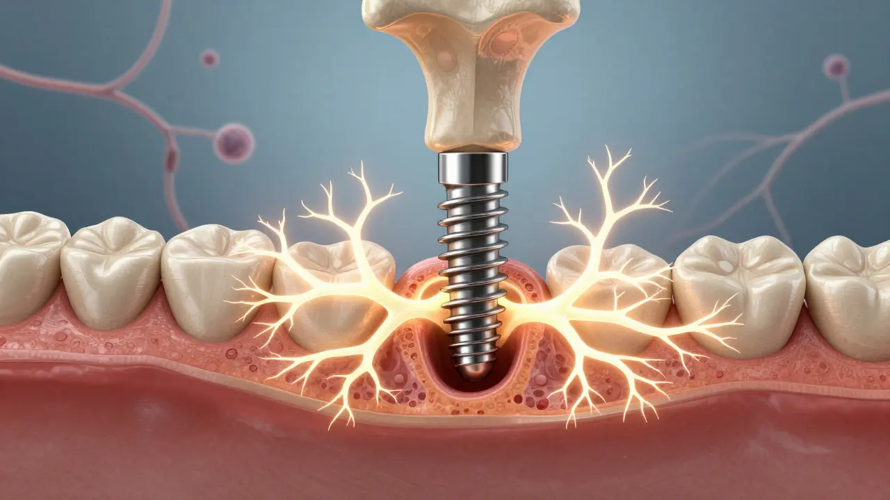 Křížový řez čelisti s implantátem a nově růstoucí kostí kolem něj.