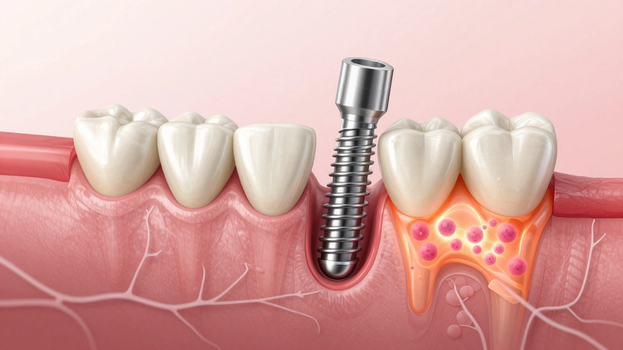 Křížový řez čelisti s implantátem a růstem nové kosti.
