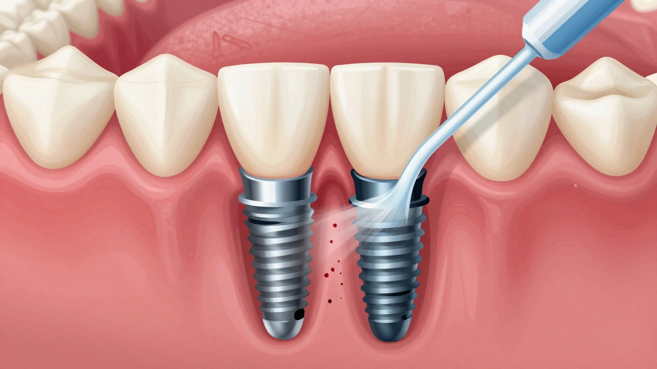 Křížový řez implantátu s bakteriálním plakem a zánětem dásní, odstraněným proudem vody z hydročističky.