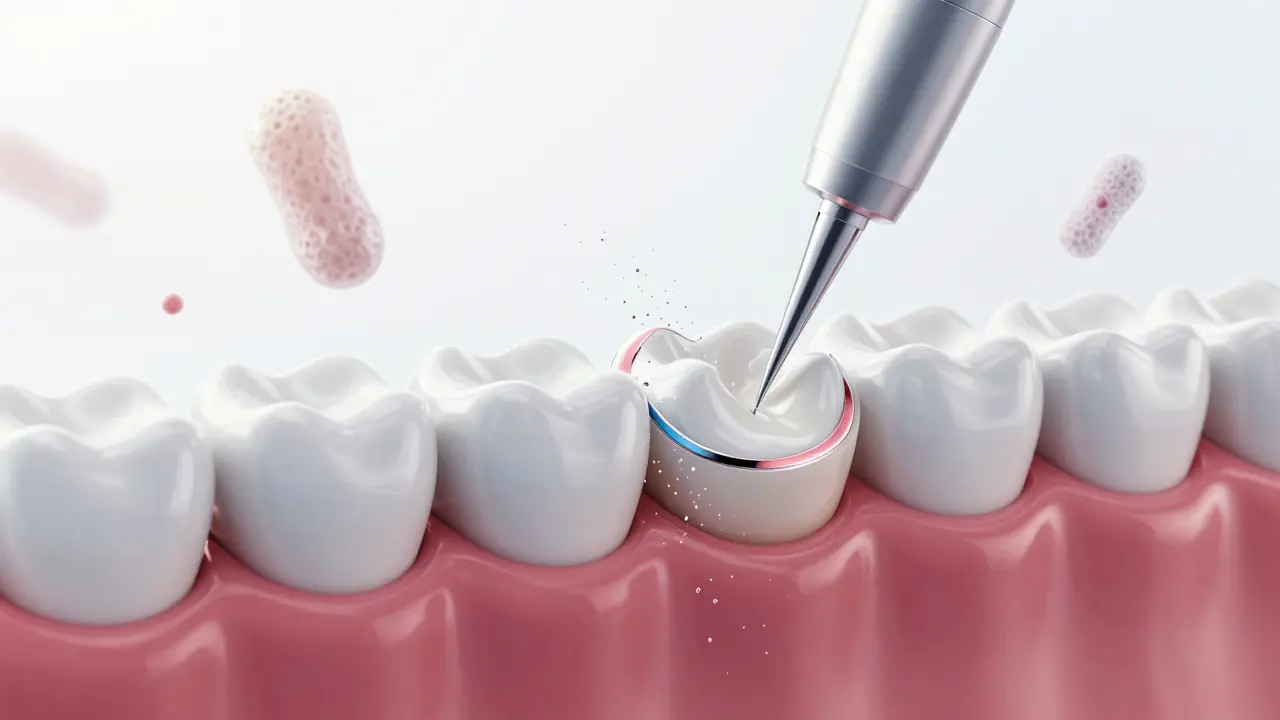 Microscopic view of laser precisely contouring tooth-gum boundary, with irregular tissue dissolving into light.
