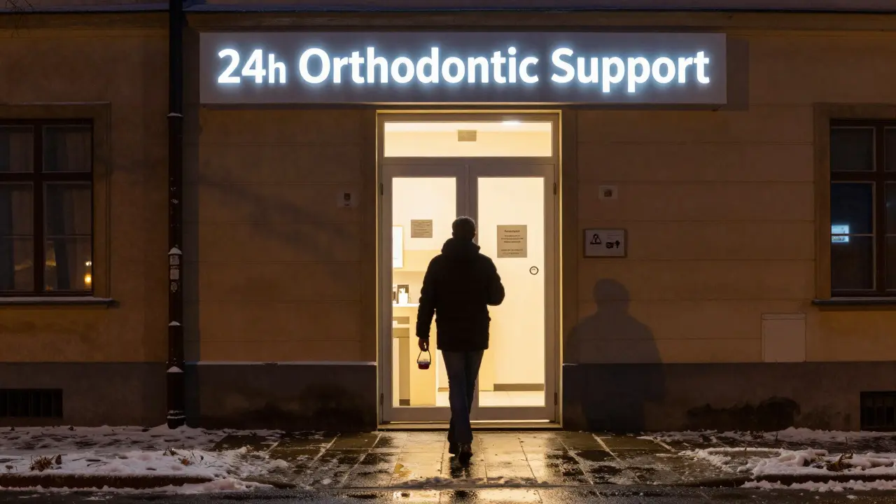 Noční výhled na kliniku s označením 24h podpora pro nositele rovnátek, pacient se blíží k vchodu.