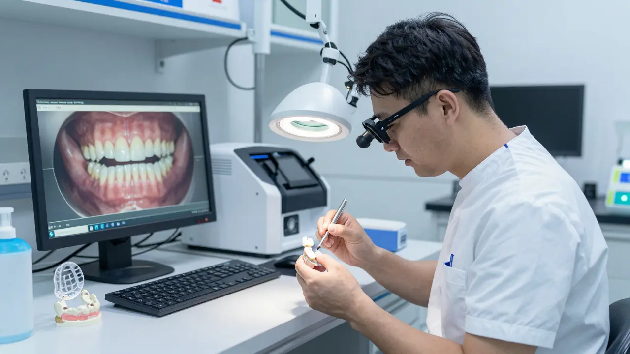 Odborník v zubní laboratoři opravuje keramické rovnátko pod lůžkovou lampou, na monitoru jsou digitální snímky zubů.