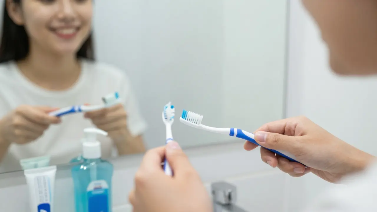 Osoba čistící zuby s implantátem, symbolizující dlouhodobou ústní hygienu.