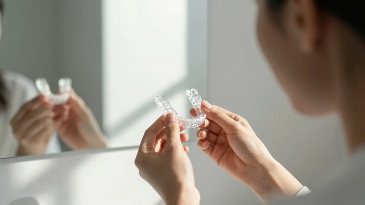 Osoba drží retentor a dívá se do zrcadla, kde vidí původně křivé zuby.