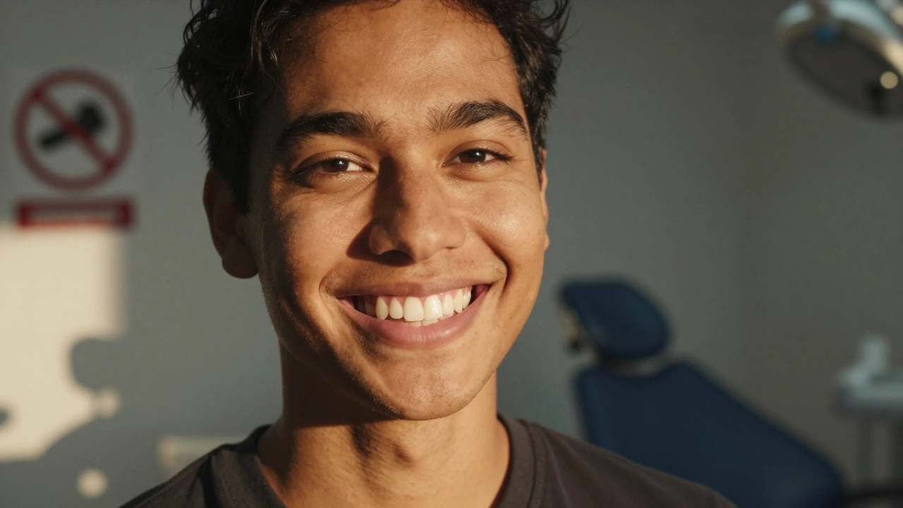 Person smiling confidently with perfect veneers in natural sunlight, conveying renewed self-assurance.