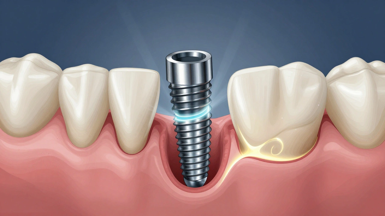 Příčný řez čelistí s titanovým implantátem integrovaným do kosti.