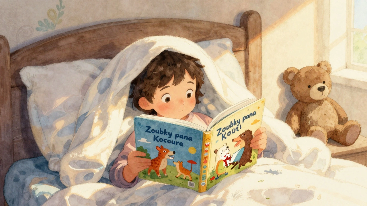 Rodič čte dítěti knihu o zubech večer na posteli, světlo lampa osvětluje barevné obrázky.