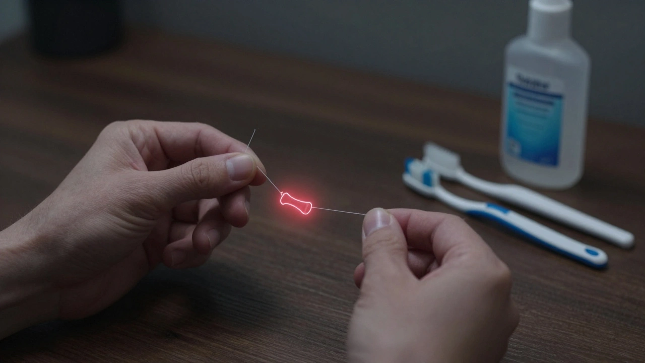 Ruce drží speciální nit pod zubním mostem, s červeným zářením kolem implantátu symbolizujícím skrytý zánět.