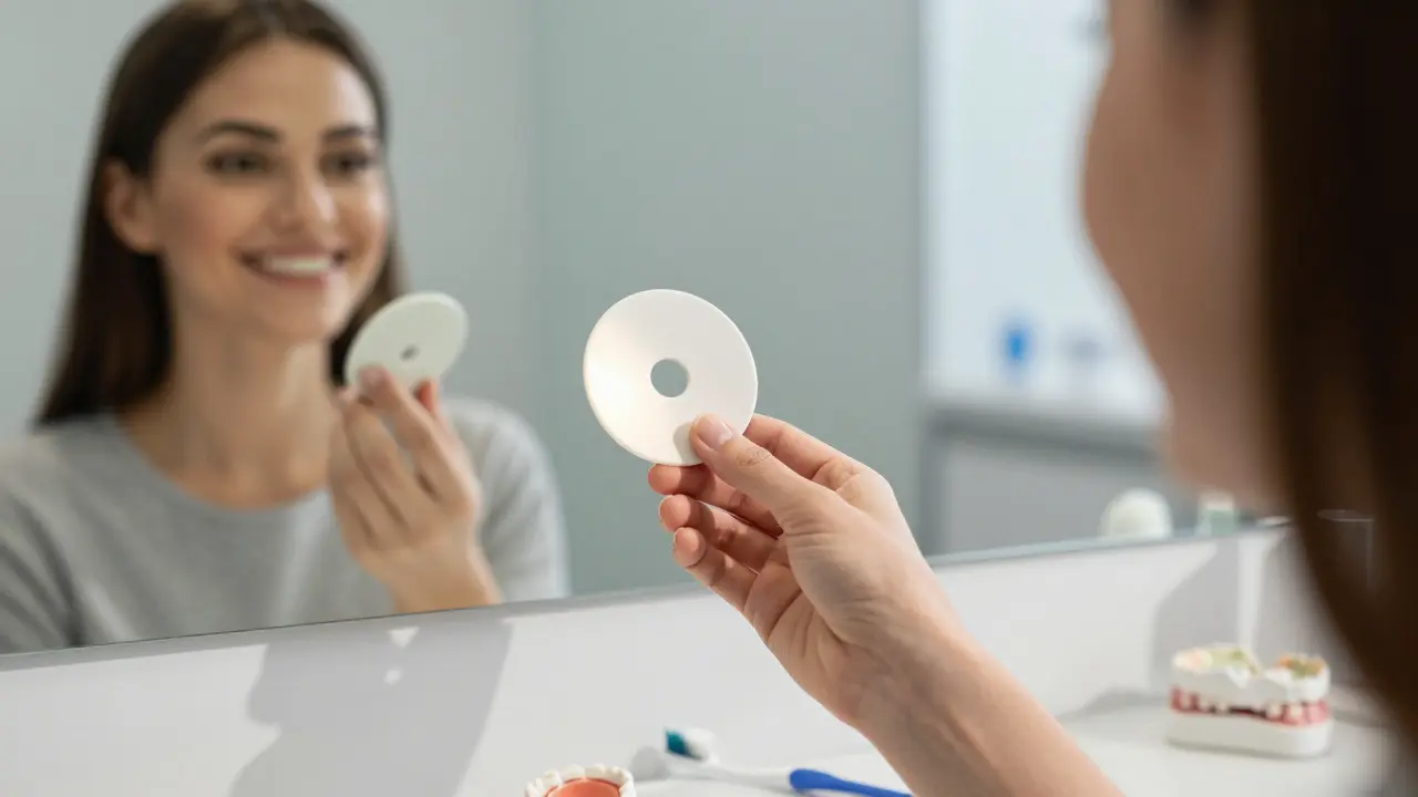 Ruka drží keramickou destičku veneers, zrcadlo odrazuje její upravený úsměv.