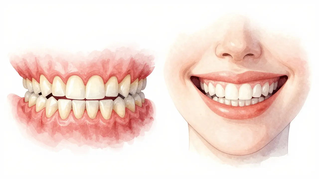 Side-by-side comparison of uneven teeth transformed into a smooth, natural-looking smile.