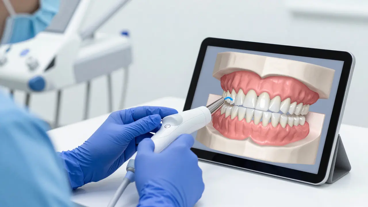 Stomatolog používá digitální skener k plánování estetických fazet.