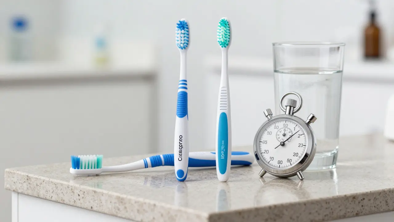 Three Curaprox toothbrush models arranged with stopwatch and water, symbolizing precise oral care.