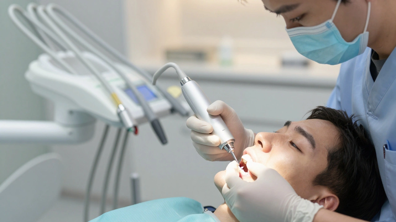 Zubní hygienistka odstraňuje kámen pod dásní ultrazvukovým nástrojem.