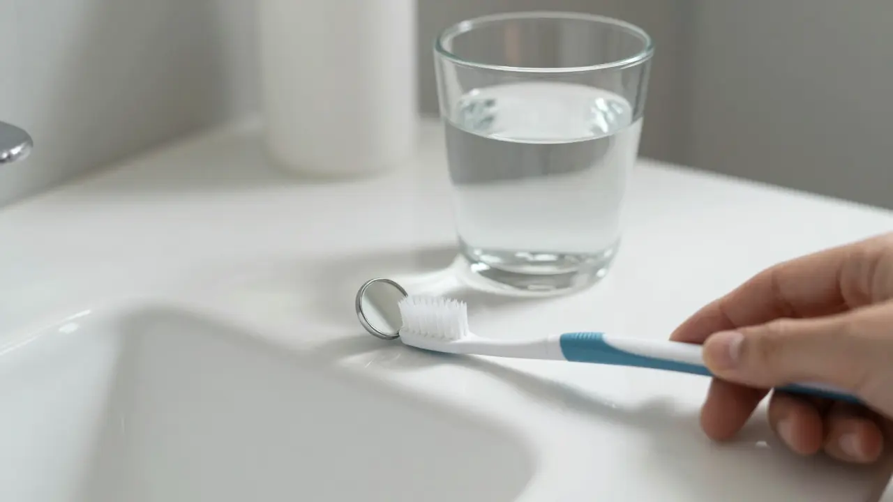 Dentální zrcátko leží vedle zubní kartáček a sklenice vody na čistém povrchu.