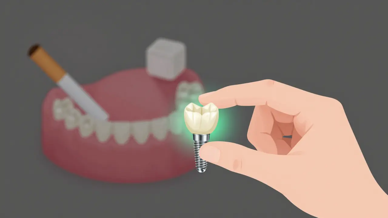 Keramická korunka a titanový implantát s symbolickým světlem zdraví a stínem kouření.