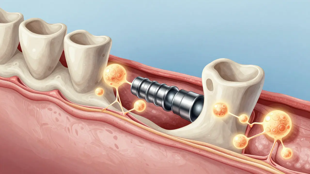 Křížový řez čelisti s titanovým implantátem a nově vytvářenou kostní tkání.