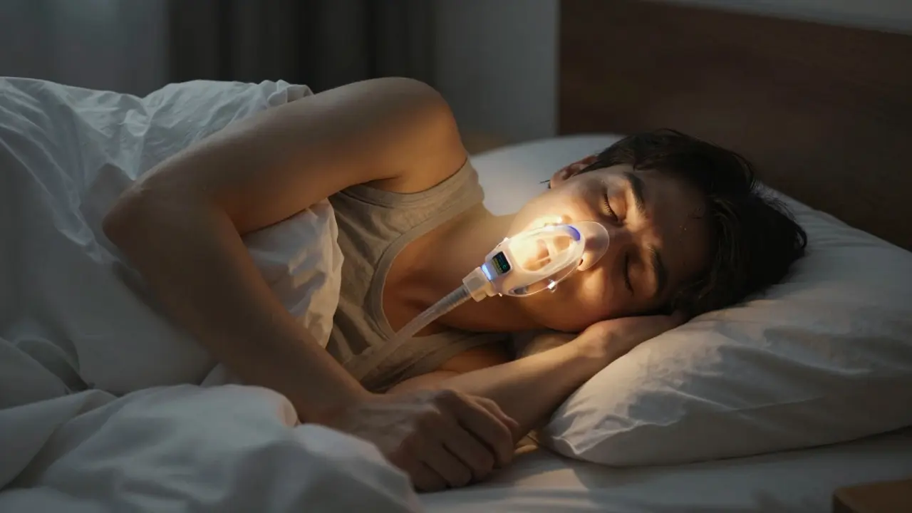 Osoba spí klidně, CPAP přístroj je vypnutý, symbolizující obnovu přirozeného dýchání.