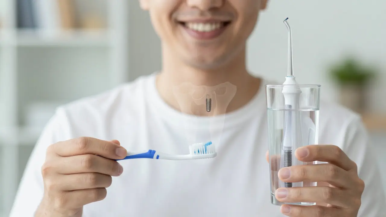 Pacient s úspěšným zubním implantátem držící hygienické nástroje pro dlouhodobou péči.
