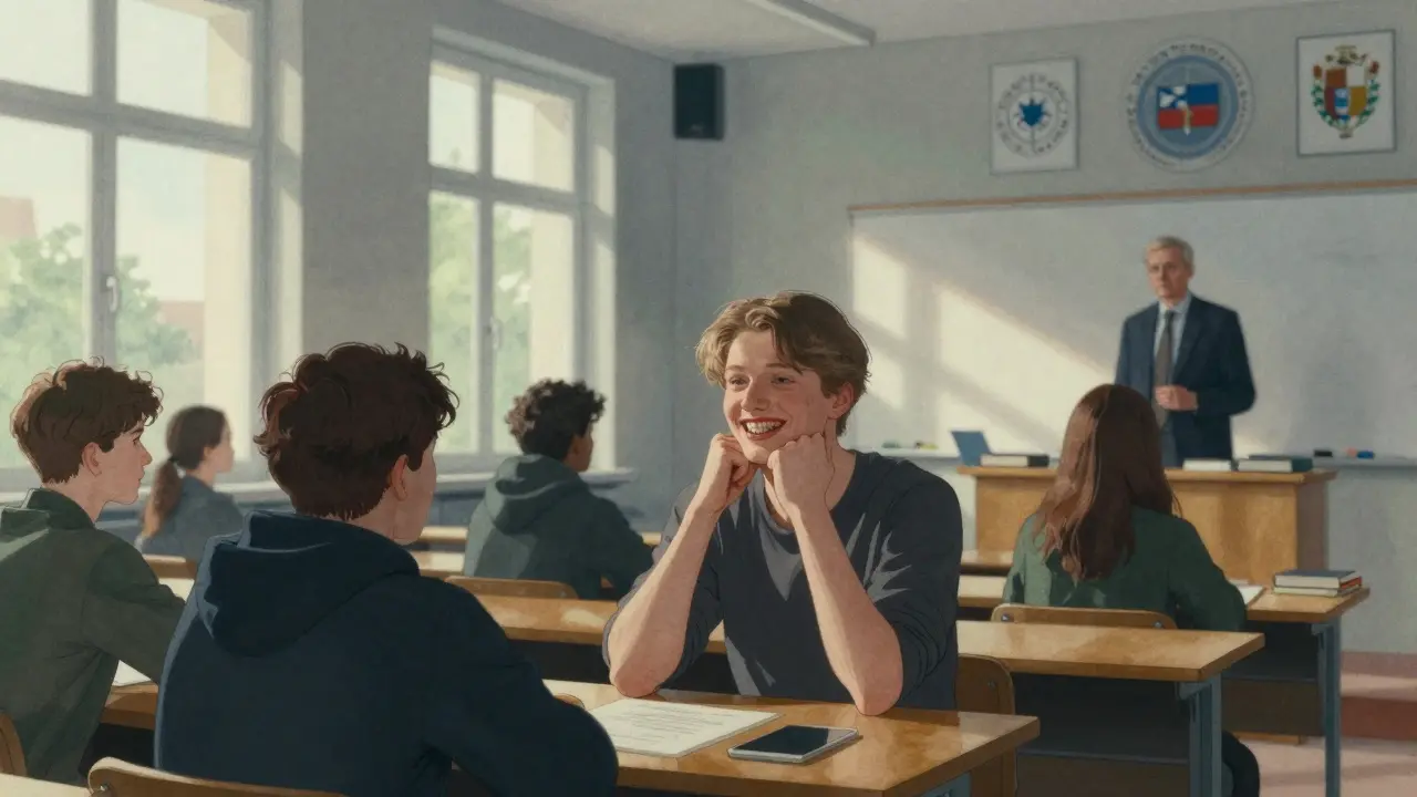 Student přednáší před třídou, jeho úsměv odhaluje zbarvené zuby.