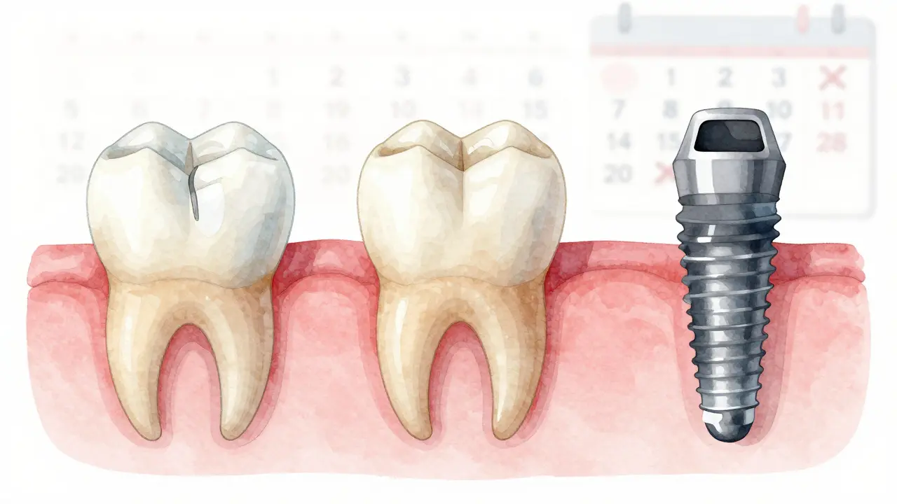 Tři druhy zubních oprav: kompozitní plnění, korunka a implantát v pastelových barvách.