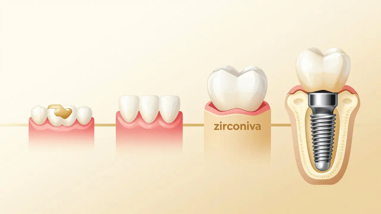 Vizualizace čtyř možností opravy zubu od kompozitu až po implantát.