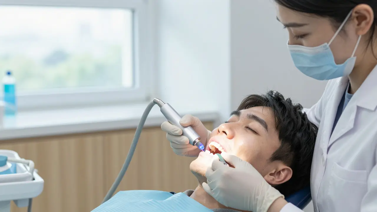 Zubní hygienistka odstraňuje zubní kámen pomocí ultrazvukového přístroje.