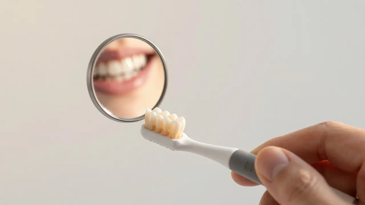 Pacient čistí zuby speciálním mezizubním kartáčkem po implantaci
