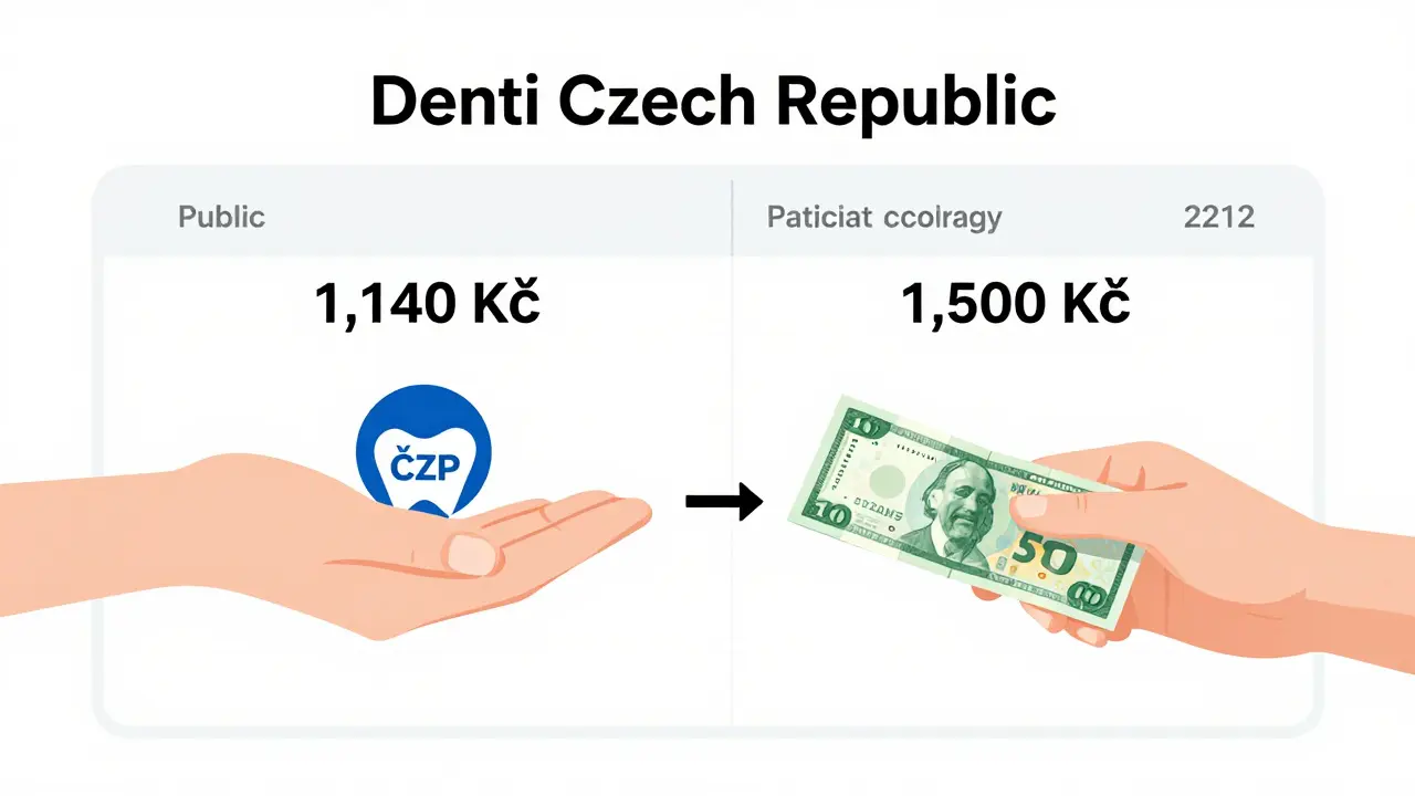 Rozdělení nákladů na zubní onlay: pojišťovna platí 1 140 Kč, pacient doplácí zbytek.
