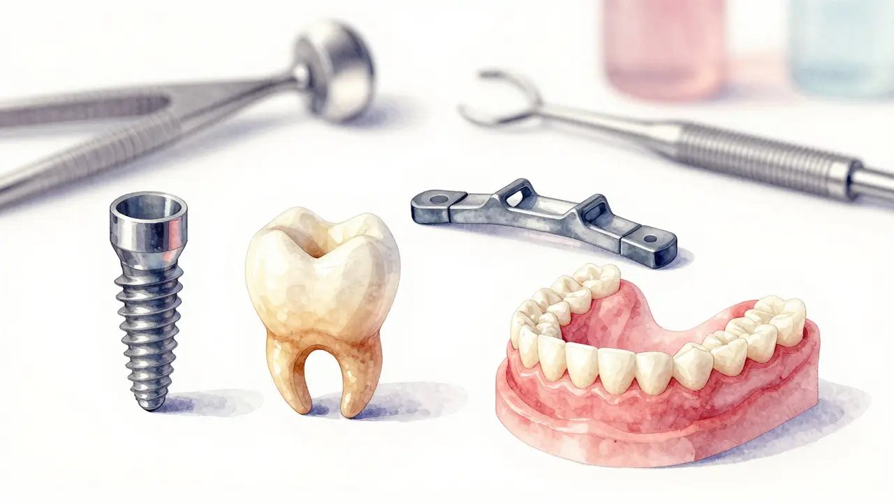 Různé typy zubních náhrad: implantáty, korunky, mosty a protézy na bílém pozadí