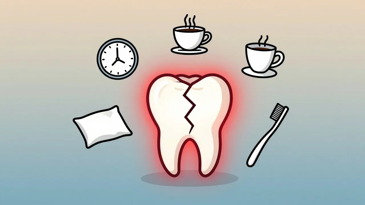 Symbolic image of a damaged front tooth surrounded by stress and neglect icons.
