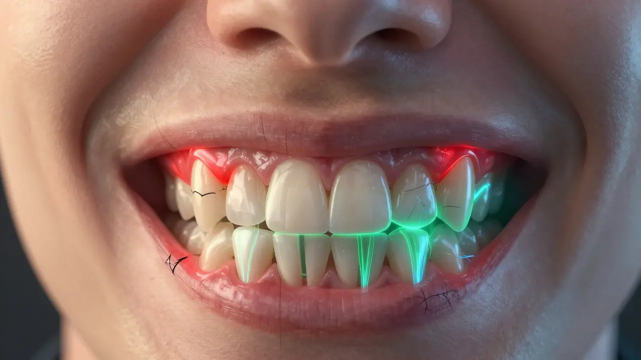 Cross-section of jaw showing uneven tooth contact and muscle stress with corrected alignment overlay.