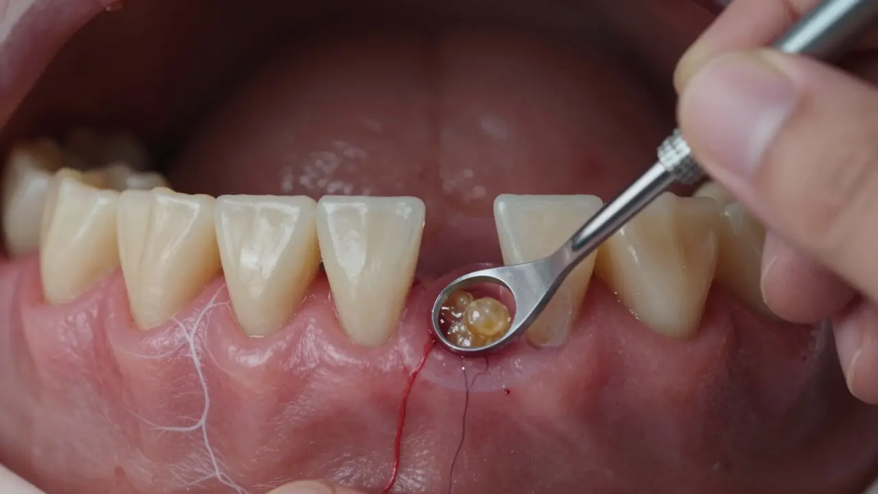Dentalní sonda měří hloubku parodontální kapsy s ukázkou kamenů pod dásní.