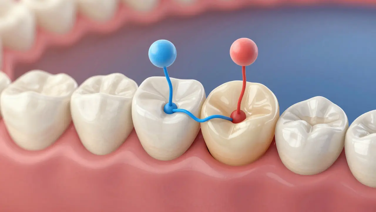 Microscopic view of chemical bond between ceramic restoration and tooth enamel.