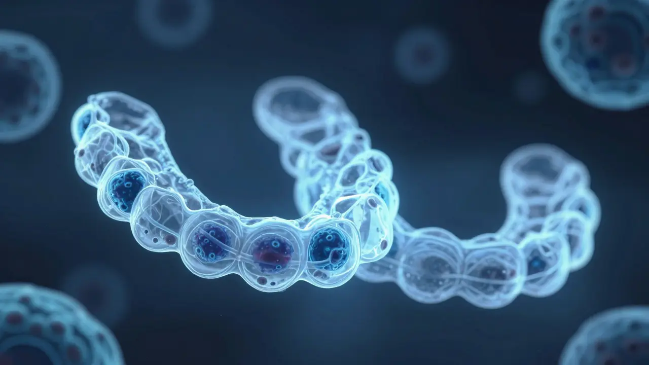 Mikroskopický pohled na bakteriální biofilm na rovnátku a čistý aligner v klinickém světle.