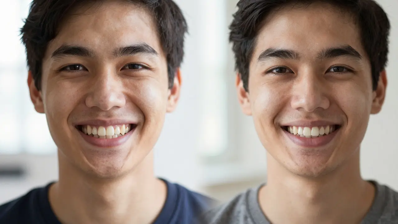 Person smiling with subtle before-and-after visual of relaxed jaw and even tooth contact.