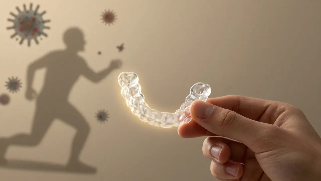 Rovnátko Invisalign v ústech s představou ochrany zubů před bakteriemi.
