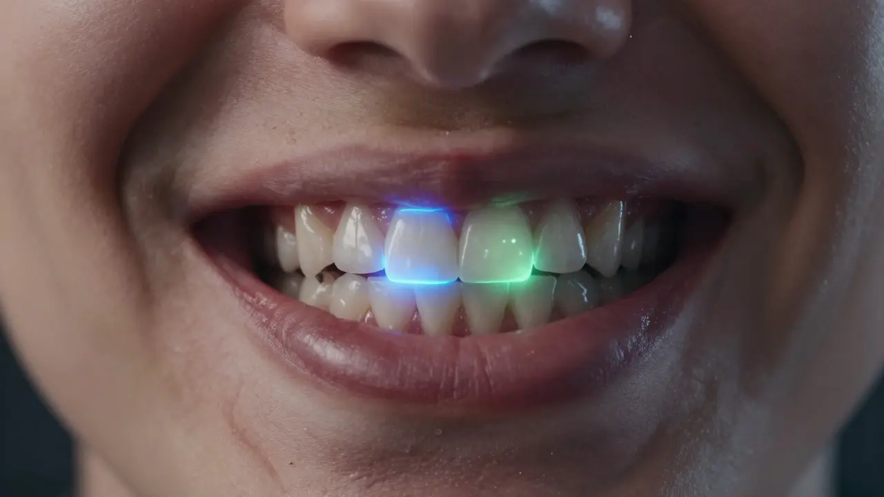 Transparent overlay showing resin and fluoride-releasing cement anchoring a dental bridge.