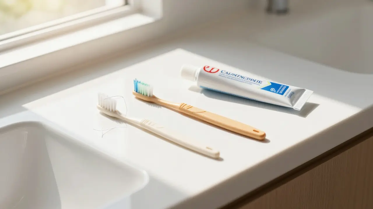Ústní hygiena s nitěmi a kartáčky na umyvadle