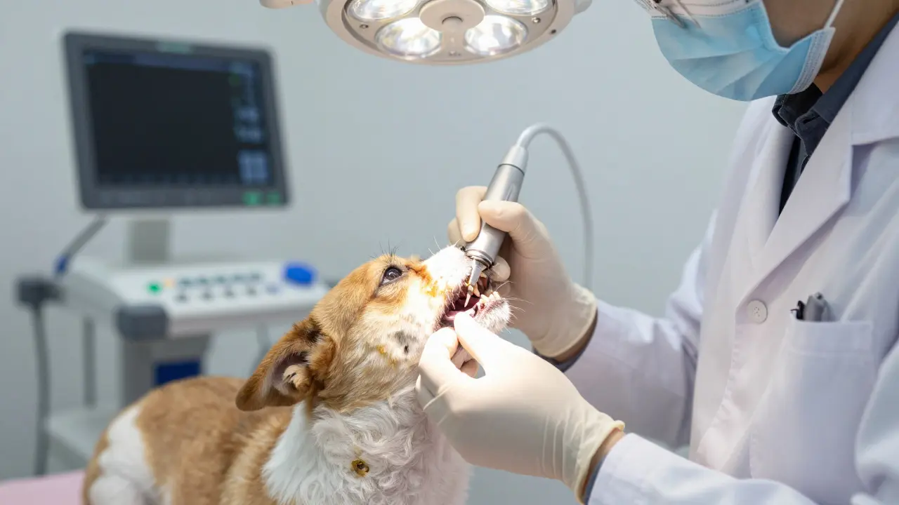 Veterinář čistí psu zuby pod anestézií ultrazvukovým přístrojem.