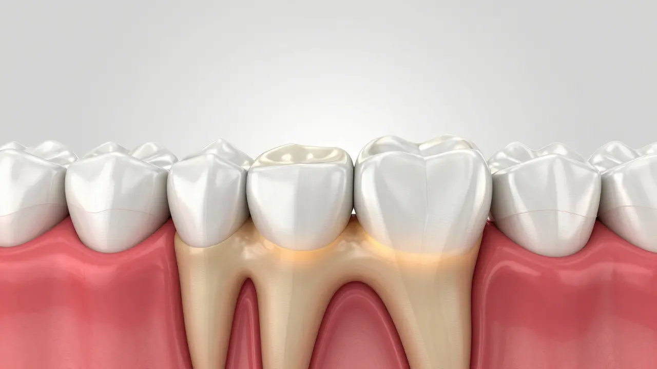 3D ilustrace opotřebovaných zubů s plochými hranami a odhaleným citlivým dentinem.